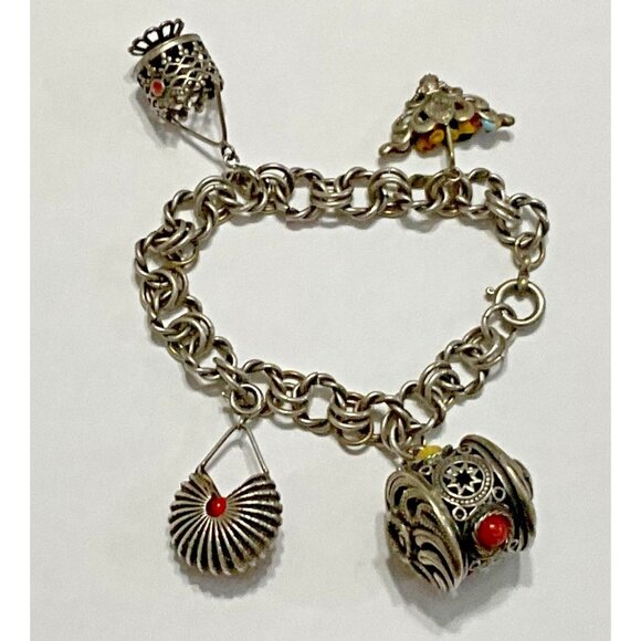 Vintage Etruscan  Revival 800 Silver Fob Charm Bracelet Gypsy 4 Charms 7.5" - Picture 1 of 7
